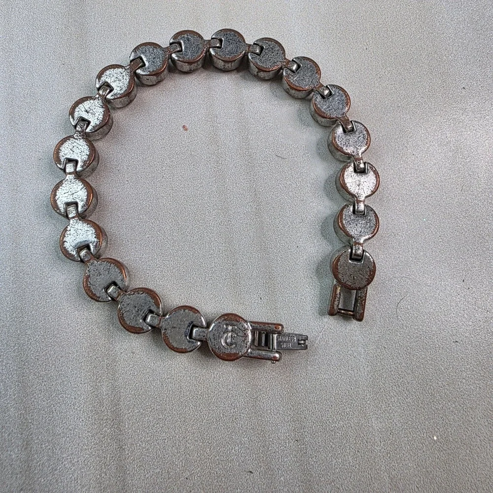 Vintage TC Stainless‎ Steel Bezel Set Clear Crystal Tennis Bracelet Silver Tone